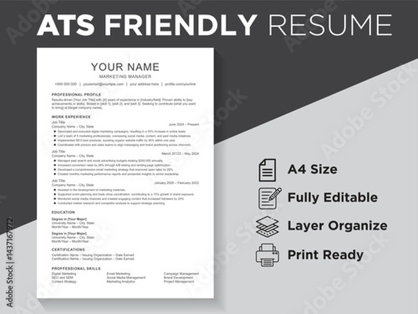 Fototapeta Editable ATS Friendly, ATS CV Format, ATS Resume Layout CV Template for Resume Job Applications