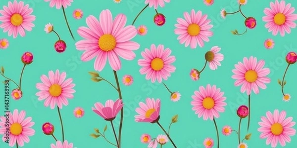 Fototapeta Abstract seamless pattern of pink retro chamomile flowers , surface,  pretty