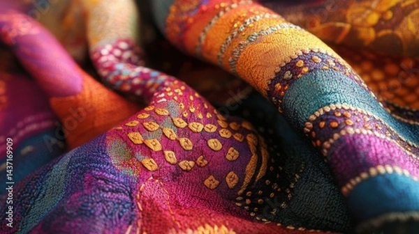 Obraz A close-up of vibrant balloon fabric illuminated by the morning sun, showing intricate stitching and texture, with room for text.