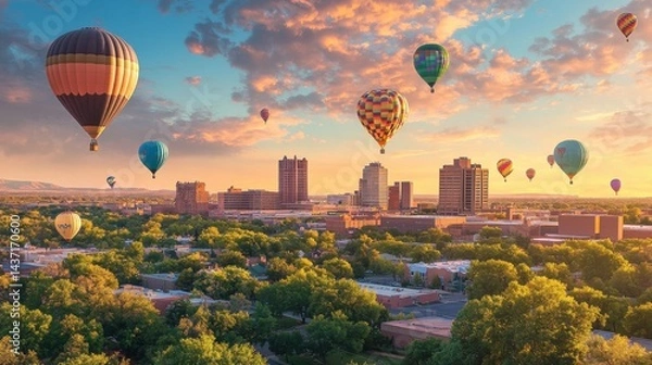 Obraz A panoramic view of the Albuquerque skyline with a sky filled with vibrant balloons, creating a dreamy festival scene with space for text.