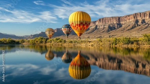 Obraz A scenic view of the Rio Grande with hot air balloons reflecting in the water, creating a stunning composition with negative space.
