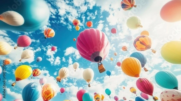 Fototapeta A wide-angle shot of colorful balloons filling the entire sky, symbolizing adventure and freedom, with space for branding.