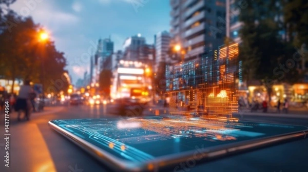 Fototapeta Digital Cityscape: A vibrant illustration of a modern metropolis merging with advanced technology, visualized through a digital tablet interface and seamless blend of real world urban landscape.