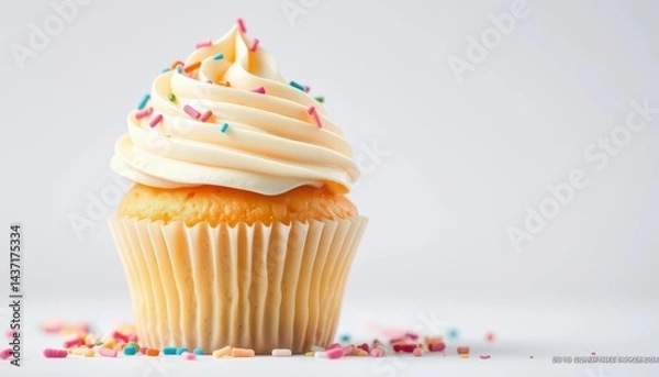 Obraz Fluffy vanilla cupcake with buttercream frosting and sprinkles, isolated, food, sugary