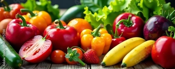 Obraz Fresh fruits and vegetables for a well-balanced diet, diet, ingredients
