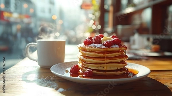 Fototapeta **High-Resolution Image Of A Café Breakfast Setup With Pancakes Stacked High, Fresh Berries, Syrup Drizzle, Butter Melting On Top, And A Cappuccino Cup Beside It, Bright Window Light, Wooden Table, Me