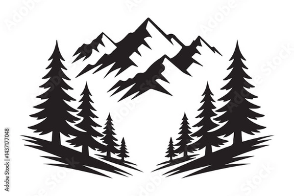Obraz Mountain landscape silhouette with pine trees and hills in black and white vector illustration.