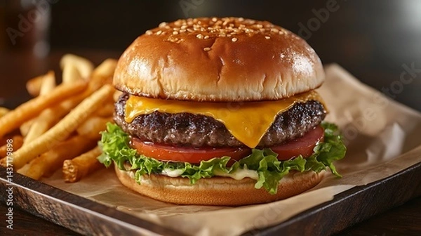 Fototapeta **Juicy American Cheeseburger With Melted Cheddar, Lettuce, Tomatoes, And Crispy Golden Fries, Styled On Rustic Tray For Fast Food Advertisement --Ar 16:9 --S 270** - @Darya (Relaxed)