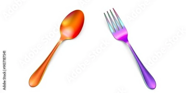 Fototapeta Set of two colorful spoons and forks, vibrant hues on white background, overhead shot, red