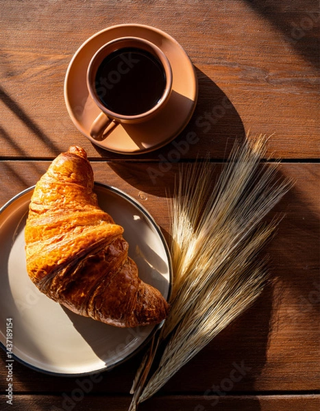 Fototapeta A top-down shot of a wooden table with a croissant, a cup of coffee, and soft morning light.