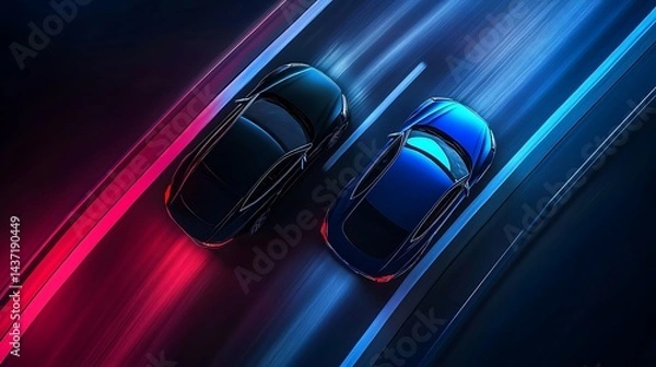 Obraz Cars Speeding on Road with Motion Blur and Futuristic Lighting Effect