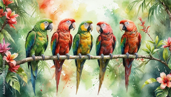Obraz Vibrant Macaws Perched on Branch in Lush Tropical Paradise