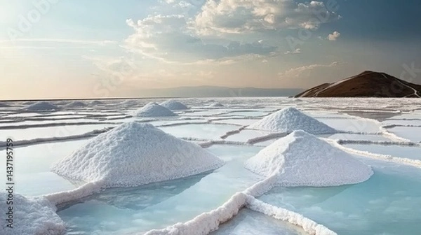 Obraz Vast and stunning salt fields under a clear sky, with intricate patterns created by the salt evaporation process. The glistening white fields stretch across the landscape, reflecting the sunlight. 