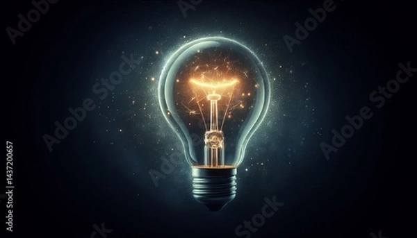 Obraz Glowing light bulb with sparks floating around illuminating a dark space
