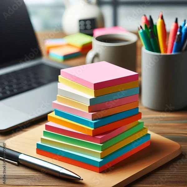 Obraz A cozy work corner with vibrant sticky notes and tools for an efficient study or office space