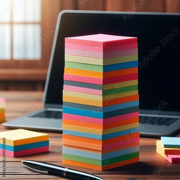 Fototapeta Office essentials with neatly stacked colorful sticky notes next to a laptop and notebook
