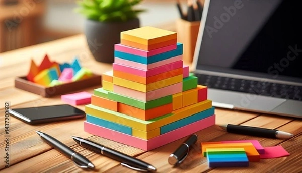 Obraz Colorful sticky notes in a stack ready for notes and reminders on a productive work desk