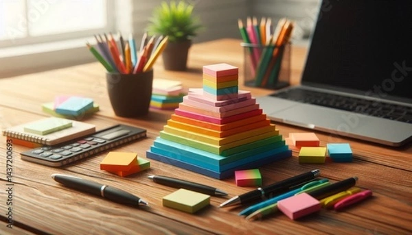 Obraz A modern desk setup featuring sticky notes and a sleek laptop with pens in a holder