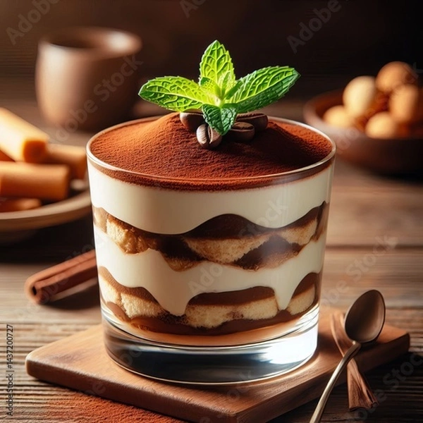 Obraz Tiramisu dessert topped with chocolate dust and a mint garnish on a rustic wooden table