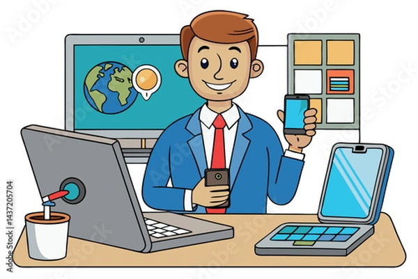 Fototapeta Businessman working with a smartphone in a modern office setting, multitasking with technology and managing online tasks