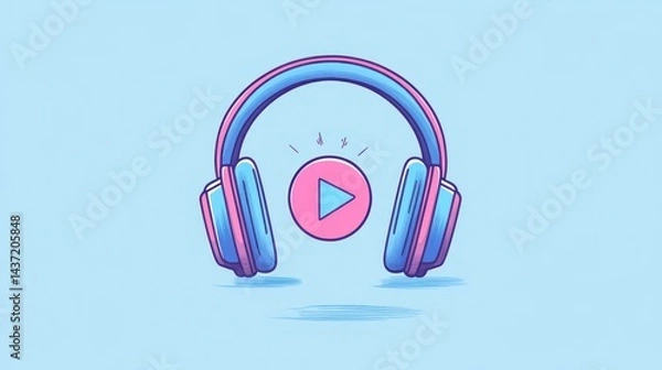 Obraz Headphones, play button, pastel background, music streaming