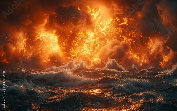 Fototapeta Stylized cinematic explosion at sea, massive water spray and fireball from a sunken ship, thick steam and smoke clouds lit by orange flame concept