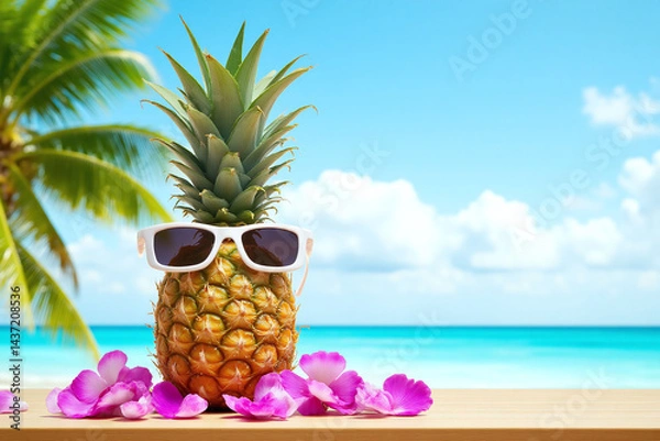 Fototapeta pineapple with sunglasses and flowers on a wooden table