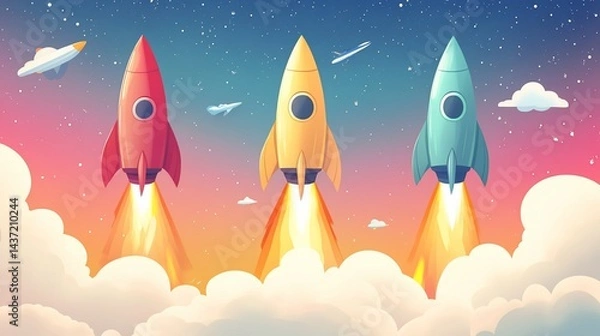 Fototapeta Colorful rocket launch illustration in a vibrant space setting with stars