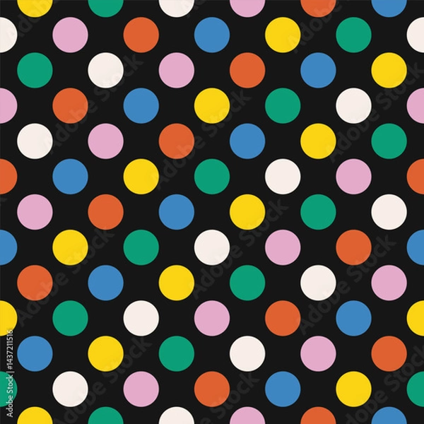 Fototapeta Seamless polka dot pattern with colorful circles on black background. Geometric vector design in modern style. High quality illustration with retro aesthetic