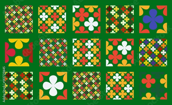 Fototapeta Christmas vector pattern set in a seamless design featuring festive clover like flower shapes with a checkered layout. Ideal for modern holiday backgrounds, wallpapers, and decorative prints
