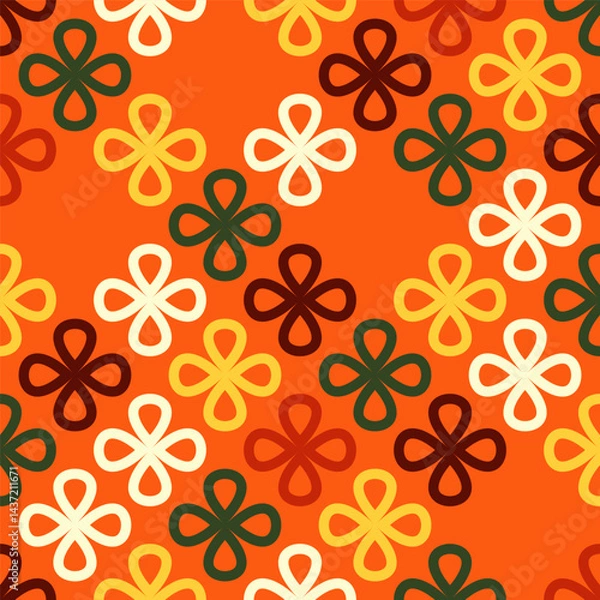 Fototapeta Seamless pattern of colorful floral shapes on a bright background. Abstract design with playful aesthetics. For fashion, textiles, home decor, and print. High quality vector illustration with elements