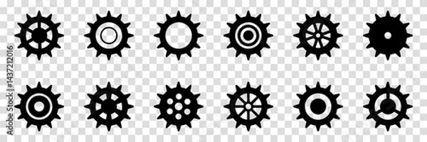 Obraz Collection of mechanical cogwheels. Gears icon set. Setting gears icon. Vector illustration with black silhouettes sprocket icons or signs design element. Transparent isolated background.