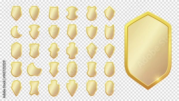 Fototapeta Set of realistic golden heraldic shields. Glass and glossy shield collection. Vector illustration. Transparent background.