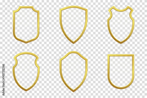 Fototapeta Set of realistic luxurious gold shields in various shapes, perfect for branding, logos, and decorative elements. High quality vector illustration suitable for modern design projects