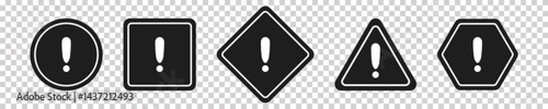 Fototapeta Set of round, square, rhombic, triangular and hexagonal black road signs with exclamation point. Caution sign. Vector icons for warning about the situation on the road. Transparent isolated background