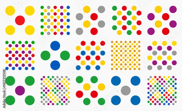 Fototapeta Set of colorful seamless polka dot patterns with colorful round and circle shapes. Minimal aesthetic with artistic appeal. Modern geometric vector designs for wallpapers and backgrounds.