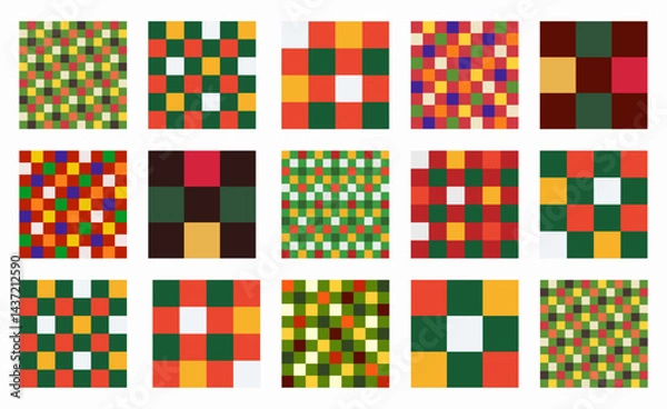 Fototapeta Geometric vector designs in Xmas and New Year colors. Set of seamless check grid patterns with square, block, tile, and quadrant shapes in Memphis style. Ideal for cheerful holiday backgrounds