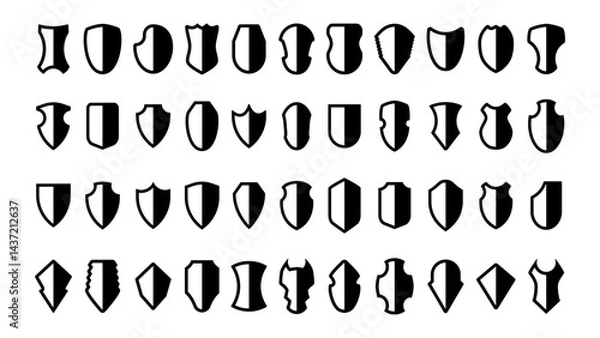 Fototapeta Collection of shield icons in various shapes and styles. Vector elements representing security and protection for logos, emblems, and design projects. Minimalist and modern aesthetic