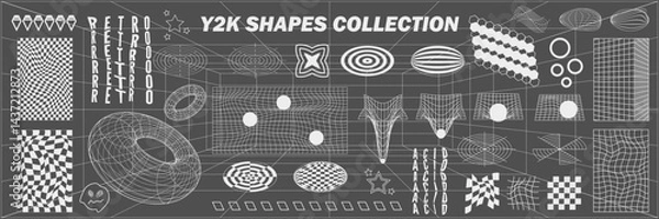 Fototapeta Abstract geometry hud wireframe shapes and patterns, cyberpunk elements, icon s and perspective grid s. Surreal geometric signs. Rave psychedelic futuristic Y2k acid aesthetic set. Vector illustration