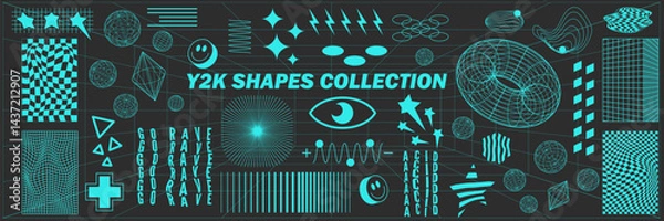 Fototapeta Abstract geometry hud wireframe shapes and patterns, cyberpunk elements, icon s and perspective grid s. Surreal geometric signs. Rave psychedelic futuristic Y2k acid aesthetic set. Vector illustration