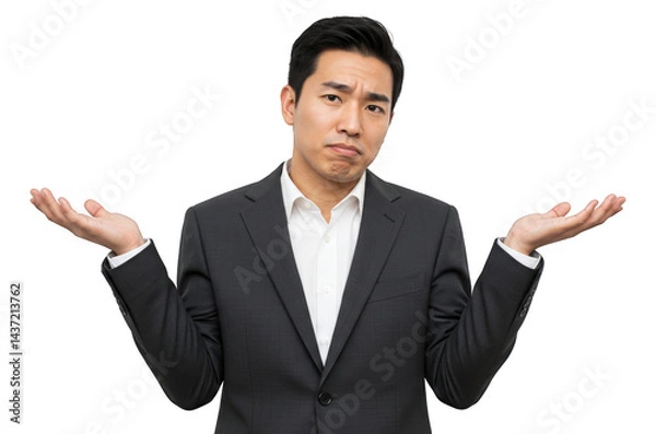 Obraz A Professional Man in Formal Attire Expressing Uncertainty with Arms Raised Against a Dark Background, Capturing a Common Workplace Emotion of Confusion