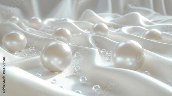 Fototapeta Elegant white pearls on flowing silk