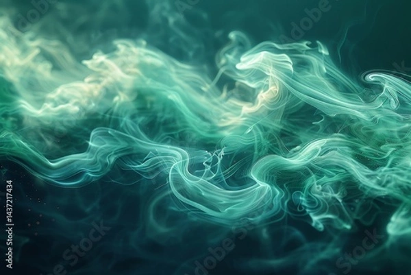 Fototapeta Thin strands of neon green smoke rising from the bottom left, set against a pitch-black background. The composition is wide and cinematic, emphasizing the fluid nature of the smoke concept