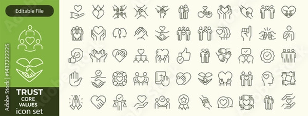 Fototapeta Trust line editable icon set. Containing trustworthy, confidence, credibility, promise, friends, truth, faith, honesty, core values, and more. Vector illustration