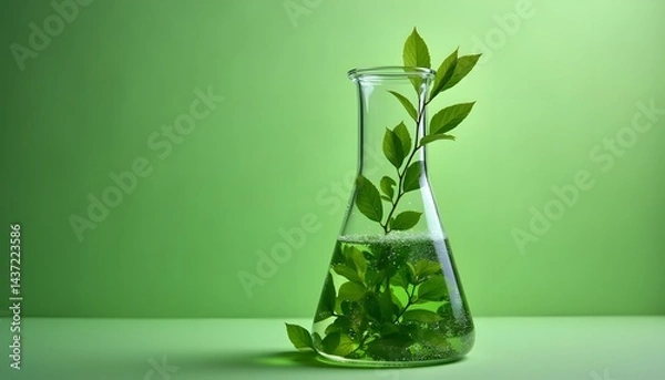 Obraz Green chemistry plant science research flask with leaves for natural product development study lab work