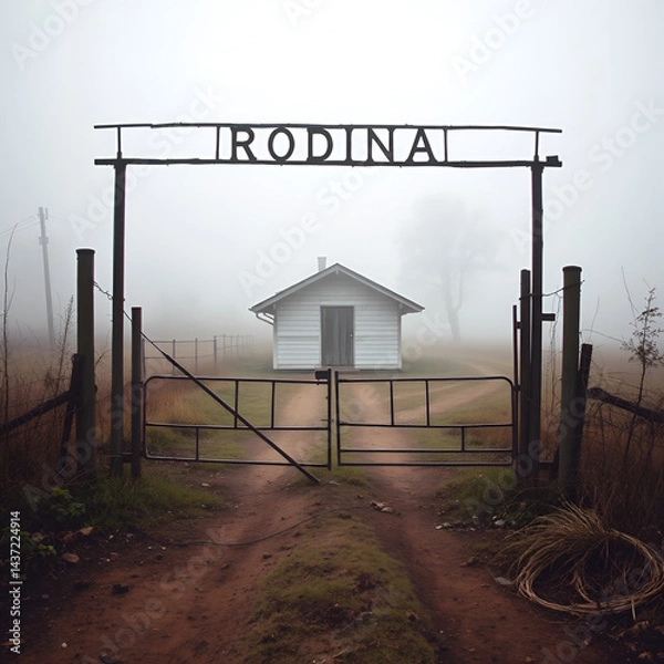 Obraz An abandoned farm from the USSR times. Above the gate there is an inscription in Russian kolkhoz Rodina. A dirt road, a small house with a boarded-up door, fog behind the broken gate. Selected focus