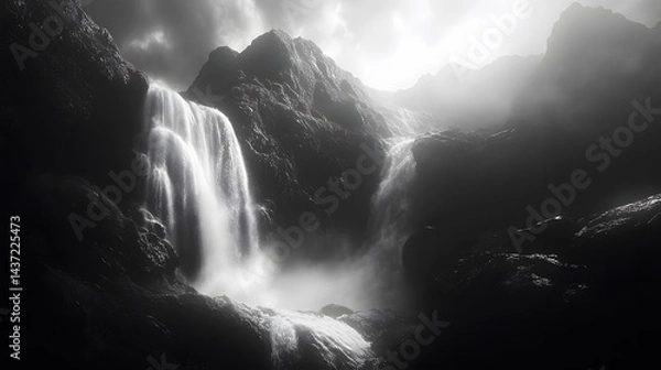 Fototapeta Dramatic grayscale landscape featuring cascading waterfalls amidst rugged mountains.