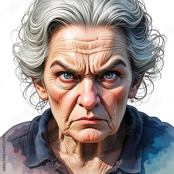 Obraz Watercolor illustration of an angry older woman with furrowed brows and a disapproving expression. Intense gaze and wrinkled face.