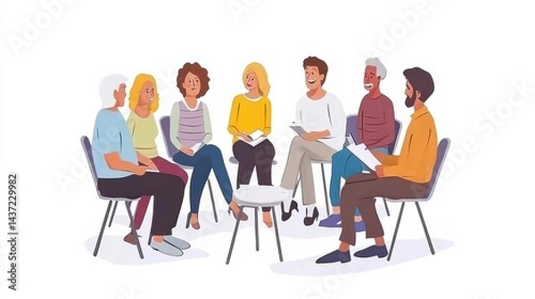 Obraz Group of Diverse People Engaged in Conversation in a Bright, Friendly Meeting Space