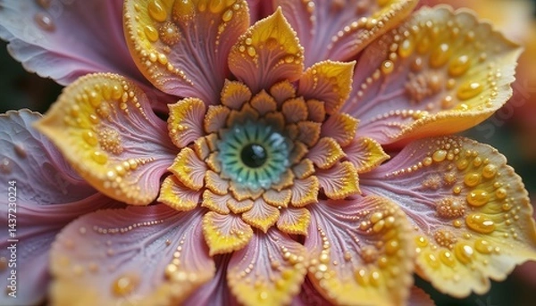 Fototapeta Close up macro photography of a digital art flower with water drops and pastel colors design concept